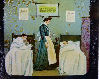 Magic Lantern Slide - Victorian Scene at Home - Boys in Bed getting a Night Cap