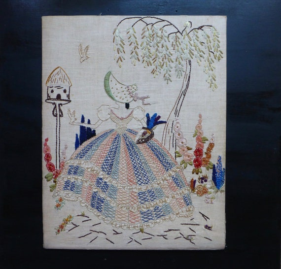 Crinoline Lady Embroidered Picture Mounted on Board 