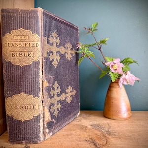 May include: A vintage book, titled "The Classified Bible", with gold lettering and decorative elements. The book is a dark purple colour with a distressed appearance. A small, brown vase contains pink flowers and foliage.