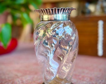 Antique Swirl Glass Vase with Silver Collar and Base