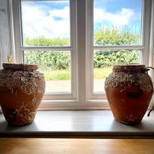 以下が含まれることがあります： 丸みを帯びた胴体と細い首を持つ2つのテラコッタ製の壺。上半分には白くざらざらとした質感のコーティングが施されています。右側の壺の首元には、細い明るい色の紐が結び付けられています。