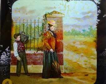 Magic Lantern Slide - Victorian Scene - Woman Walking & a Boy Carring her Bag