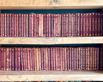 May include: Wooden bookshelf filled with vintage books. The books have burgundy covers with gold lettering. The titles are visible, including "Coriolanus" and "Measure for Measure". The bookshelf is made of light-colored wood.