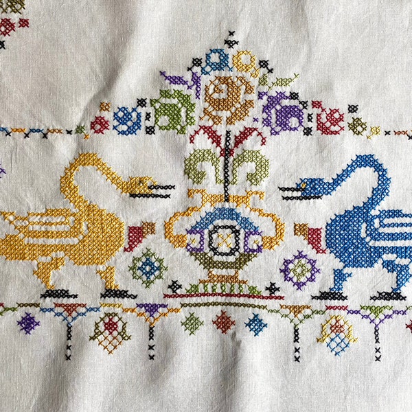 Vintage Linen Tablecloth with Hand Embroidered Cross Stitch