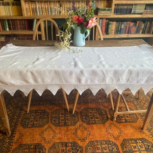 White Damask Tablecloth with Filet Crochet Border