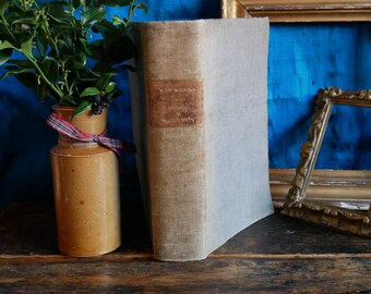 Könnte beinhalten: Ein altes Buch mit beigem Leinenumschlag und braunem Etikett vor blauem Hintergrund. Daneben steht eine braune Keramikvase mit grünem Laub und rotem Karoband. Ein goldener Bilderrahmen ist ebenfalls zu sehen.