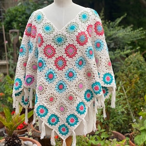 Crochet Granny Square Poncho 100% Cotton