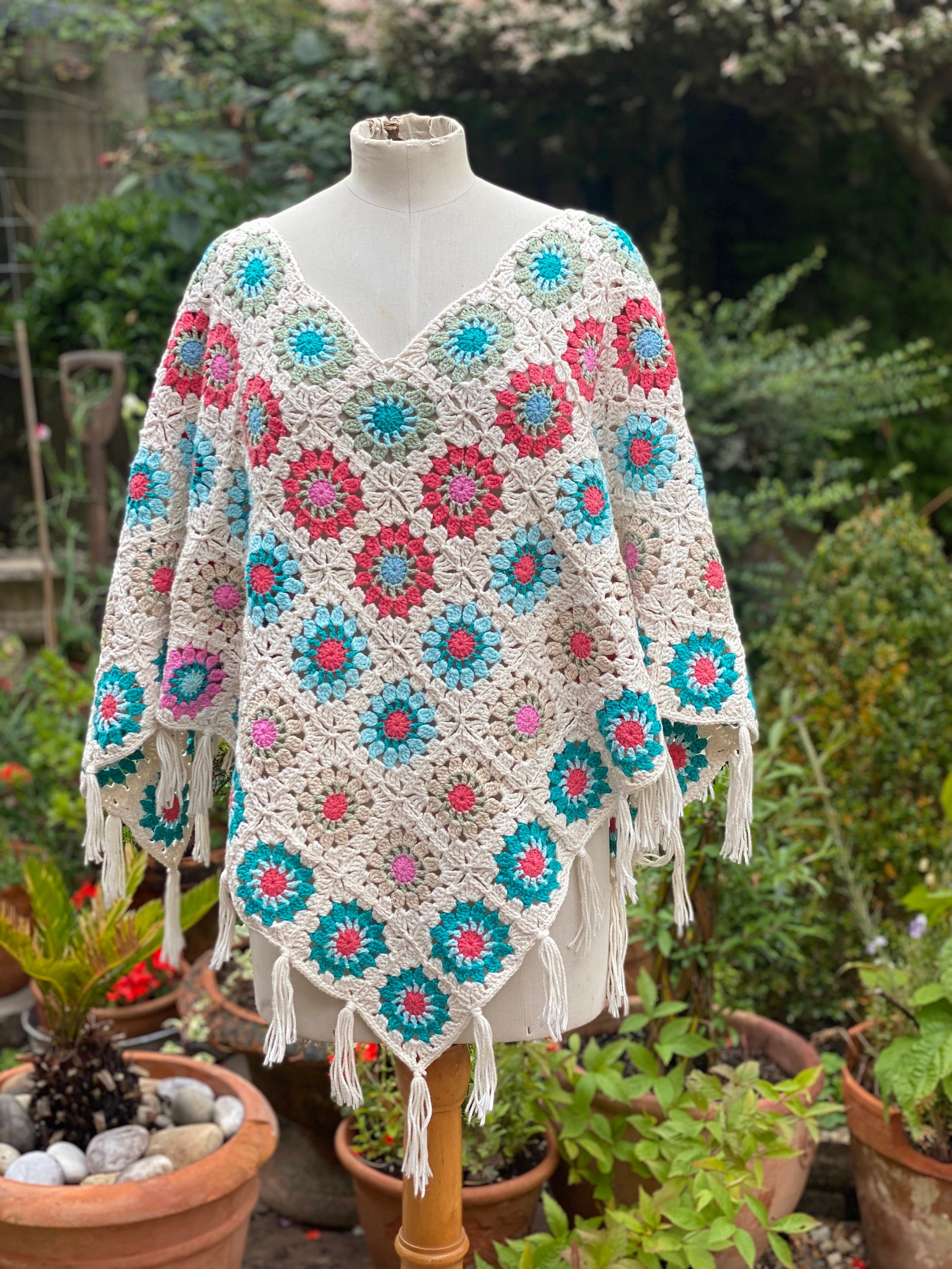 Crochet Granny Square Poncho 100% Cotton - Etsy Crochet Granny Square Poncho 100% Cotton - Etsy