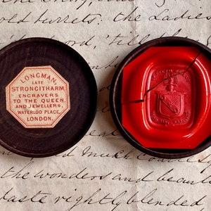 Antique Wax Intaglio Armorial Seal Example in Lignum Vitae Box