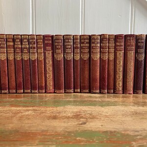 May include: A row of 27 vintage hardback books with burgundy covers and gold lettering. The books are arranged in a line on a wooden shelf. The titles of the books include "The Woman in White", "The Deer Slayer", "The Virginians", "John Halifax, Gentleman", "Adam Bede", "The Mill on the Floss", and "The Count of Monte Cristo".