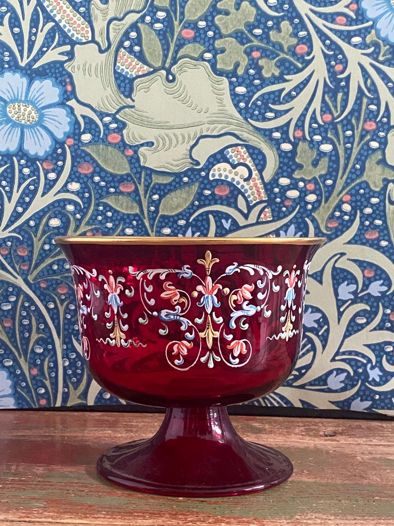 Ruby Red Glass Bowl Vase With Hand Painted Decoration Etsy