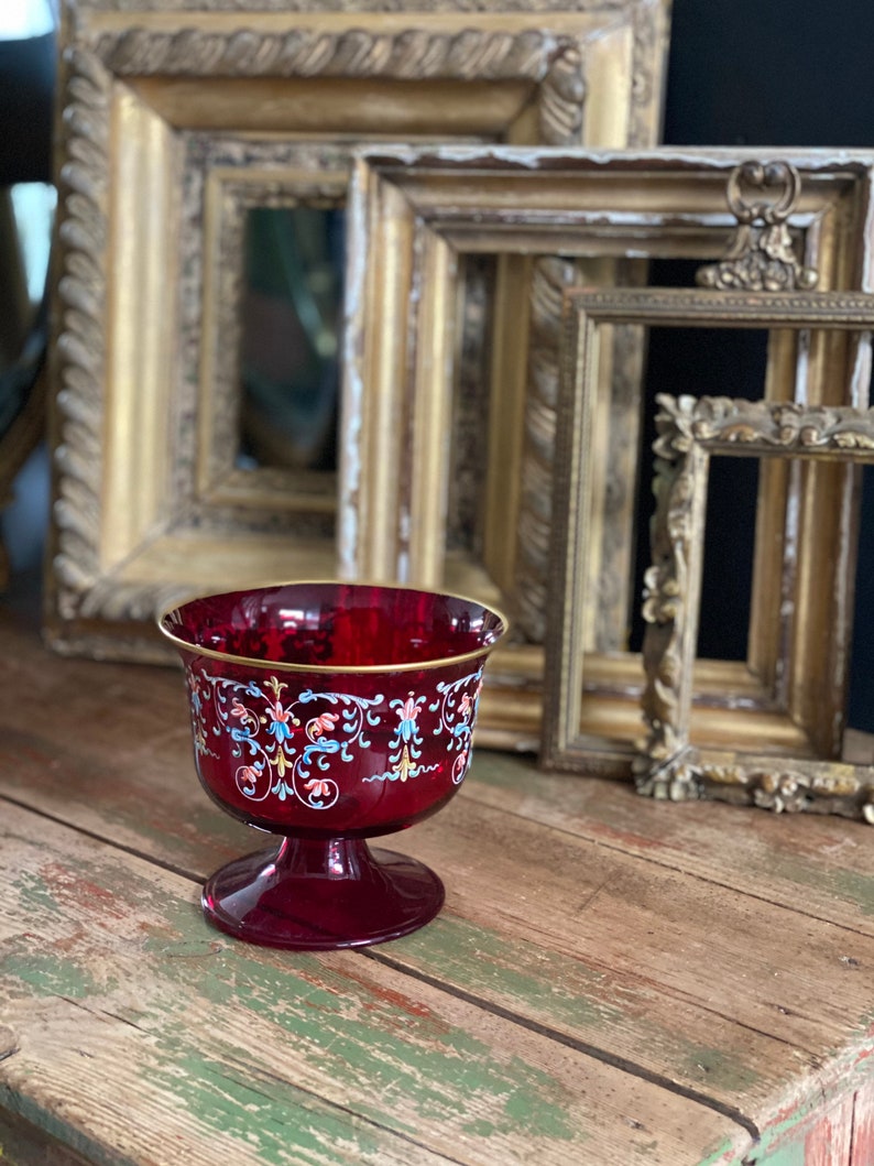 Ruby Red Glass Bowl Vase With Hand Painted Decoration Etsy