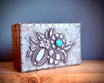 Beaten Pewter Box with Cabochon - Arts and Crafts