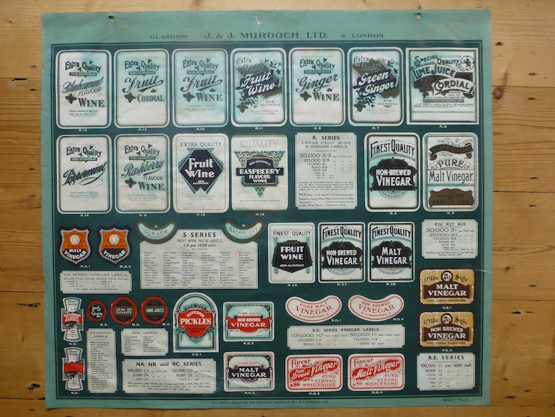 J /& J Murdoch Ltd Soft Drinks Label Poster Page 11 from /'Labeldom/' Catalogue C.1930s