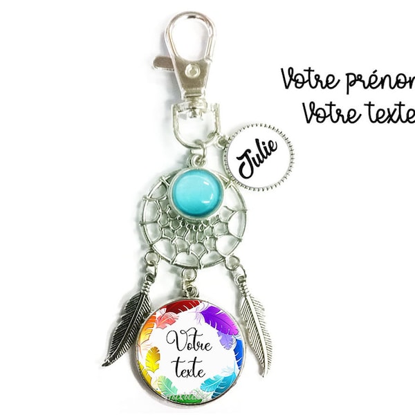 Votre prénom, Porte clés plumes, porte clés attrape-rêves bleu, porte clés personnalisable prénom et texte, bijoux faits main