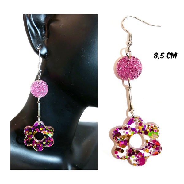 boucles d'oreilles paillettes multicolore ton rose Fleur, légère