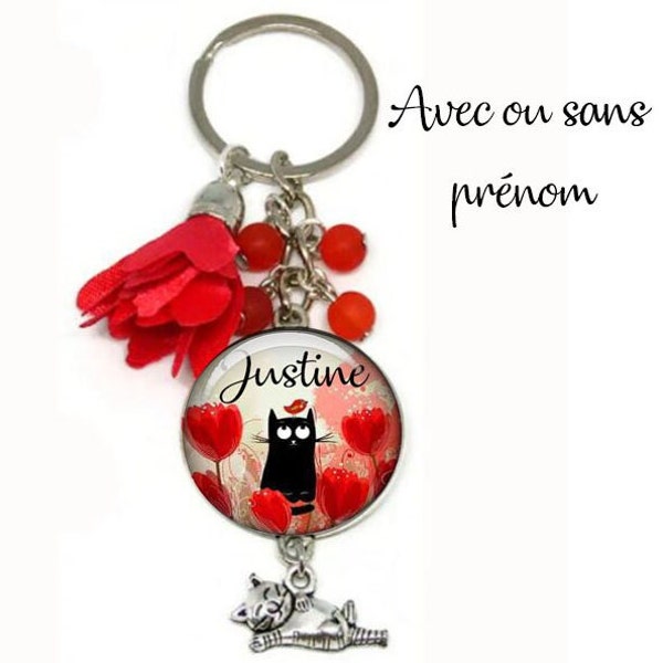 Votre prénom, Porte-clés chat coquelicot, bijou de sac chat personnalisable avec prénom, porte clés personnalisé