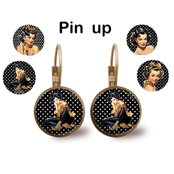 Boucle d'oreille pin up, dormeuse pin up vintage, couleur bronze, cabochon en verre 20 mm fabriquer en France bijoux faits main