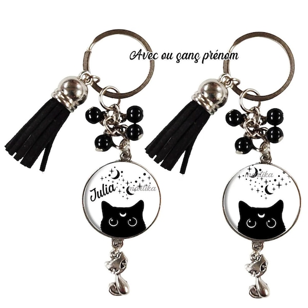 Votre prénom, Porte-clés chat noir, bijou de sac chat personnalisable avec prénom, porte clés personnalisé