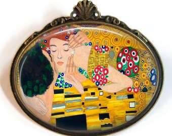 Broche tableau Gustav Klimt, bijou elle, cadeau d'anniversaire / noël, cabochon verre