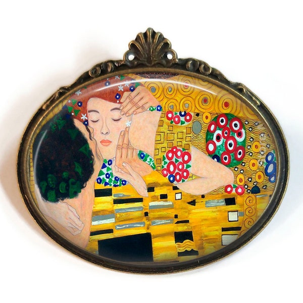 Broche tableau Gustav Klimt, bijou elle, cadeau d'anniversaire / noël, cabochon verre