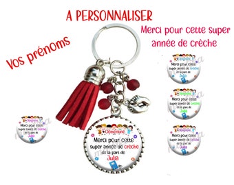 Vos Prénoms, Porte clés crèche "Merci pour cette super année de crèche", porte clés nounou, porte clés crèche cadeau personnalisable