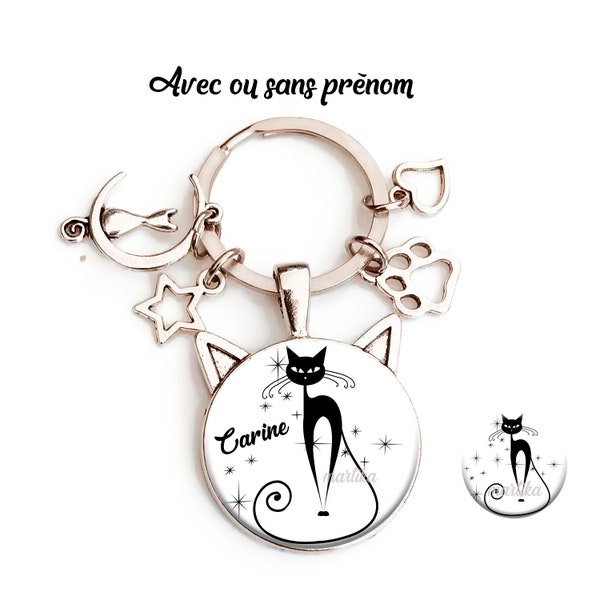 Votre prénom, porte clés  chat noir, avec ou sans prénom, chat personnalisé au prénom de votre choix, cabochon chat, cadeau pour elle