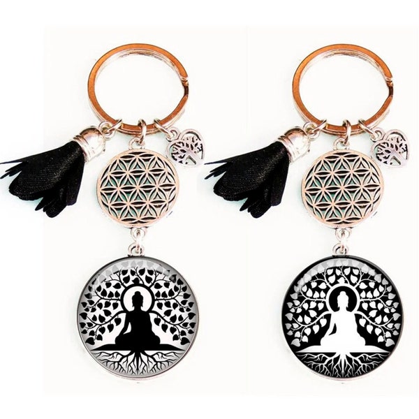 porte clés bouddha, bijou de sac fleur de vie et bouddha, bijou de sac pensée spirituel