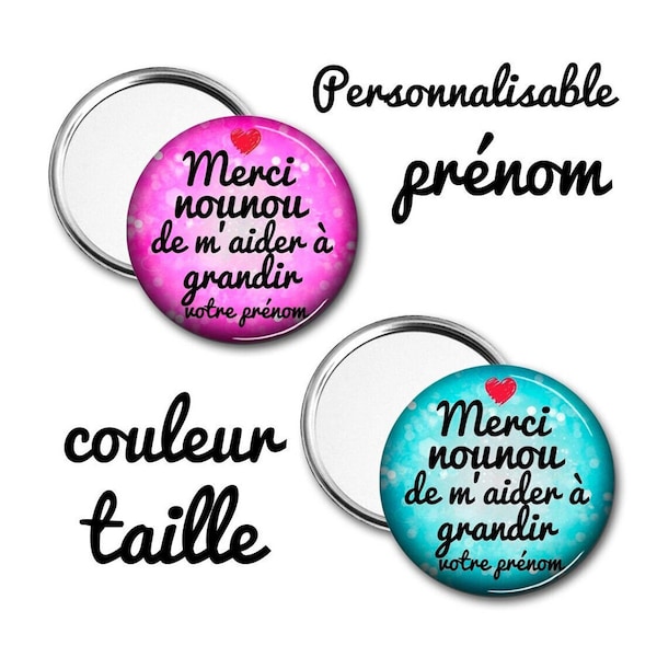 Miroir de poche NOUNOU, Cadeau nounou, Personnalisable prénom,2 tailles