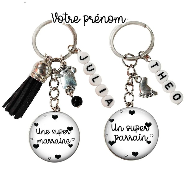 votre prénom, Porte clés super marraine, super parrain, idée cadeau marraine-parrain, porte clés personnalisable votre prénom