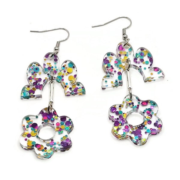 boucles d'oreilles paillettes multicolore Fleur, légère