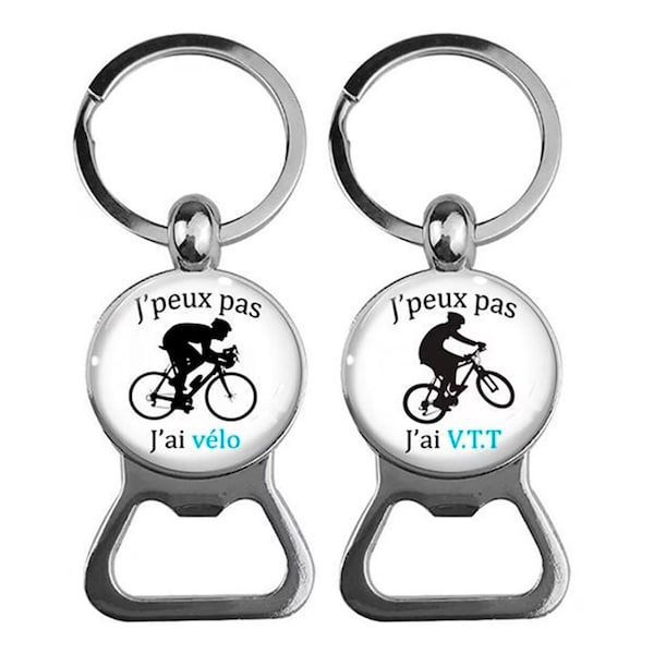 Porte clés j'peux pas j'ai vélo, V.T.T, décapsuleur cycliste, cadeau cycliste, porte clés homme