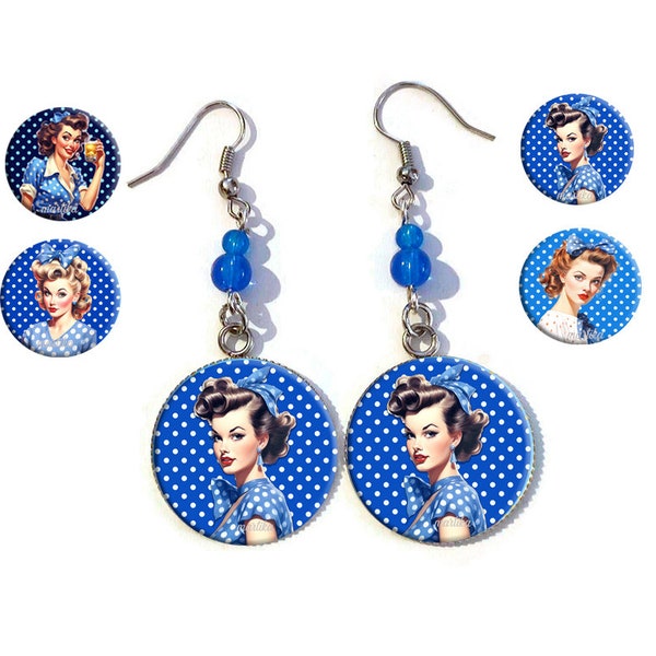 boucle d'oreille pin up, boucle d'oreille vintage, boucle d'oreille cabochon rétro, boucle ton bleu