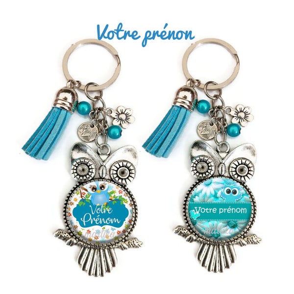 Votre prénom ou texte - Porte-clés chouette, cadeau personnalisable, porte clés bleu, cadeau noël, anniversaire