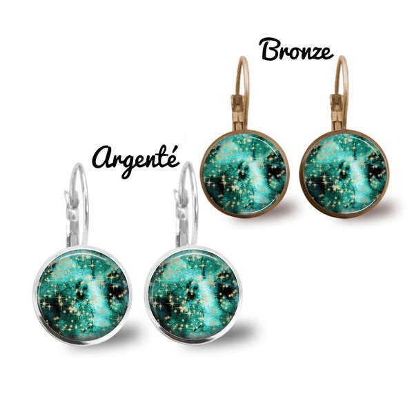 Boucles d'oreille étoile brillante, métal argenté, bronze, cabochon verre