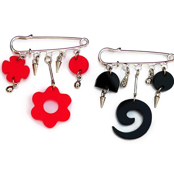 Broche fleur, broche spirale, broche rouge et noir, cadeau de noël, cadeau anniversaire, idée cadeau pour elle