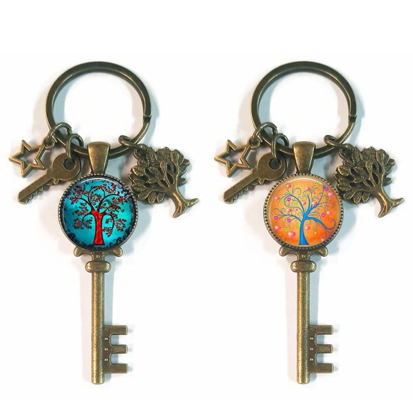 Porte-clés "arbre de vie", porte clé porte bonheur,  bijou de sac cabochon verre,