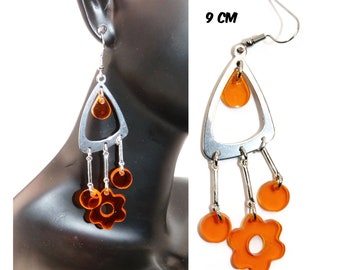 boucles d'oreilles fleur orange, connecteur métal, accroche et anneau acier inoxydable, collection printemps/été