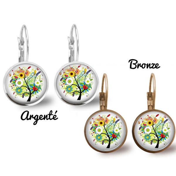 Boucles d'oreille arbre de vie multicolore, métal argenté, bronze, cabochon verre