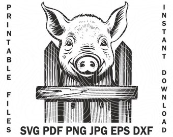 Smiling baby pig is looking through a fence. Farm Pig Vector design, Instant Download PNG, SVG, EPS Sublimation Print Printing on Demand Png