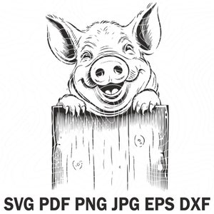 Design in formato SVG Maiale carino guardando da dietro il recinto, file SVG di maiale, Progetto di incisione laser di maiale, Faccia di fattoria degli animali, T-shirt di maiale da fattoria stampabile
