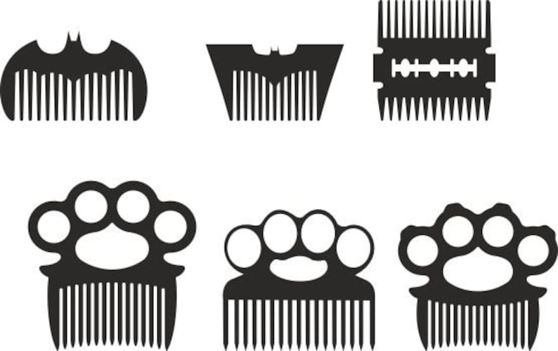 May include: A set of six black comb designs, each with a different shape. The combs feature a Batman symbol, a knuckle duster, and a razor blade.