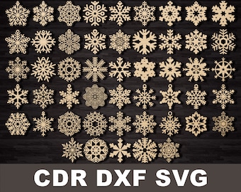 50 Cnc Christmas Snowflakes ornament, Frozen earring Bundle Vector cdr dxf svg for laser cut cnc Plasma Cricut Silhouette digital files