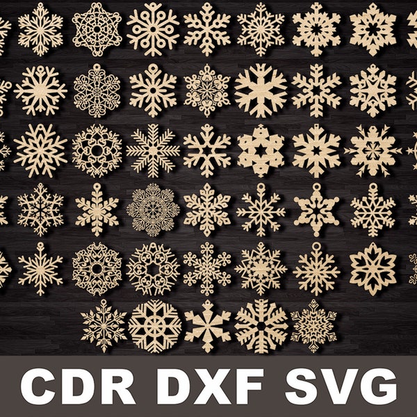 50 Cnc Christmas Snowflakes ornament, Frozen earring Bundle Vector cdr dxf svg for laser cut cnc Plasma Cricut Silhouette digital files