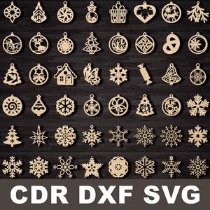 Glowforge juguetes para árboles de Navidad svg, decoración cortada con láser de Año Nuevo, juguetes de silueta de árbol de Navidad Cricut, decoración personalizada de árboles a granel de Navidad