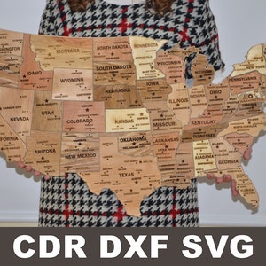 USA kaart lasergesneden svg-bestand, Glowforge-vector voor lasergravure, kaart van de VS lasergesneden, USA Travel puzzel kaart lasergesneden cdr dxf-sjablonen