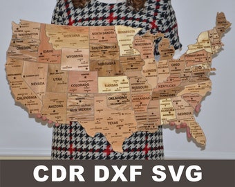 USA Map laser cut svg file, Glowforge vector for laser engraving, US states map laser cut, USA Travel puzzle map laser cut cdr dxf templates