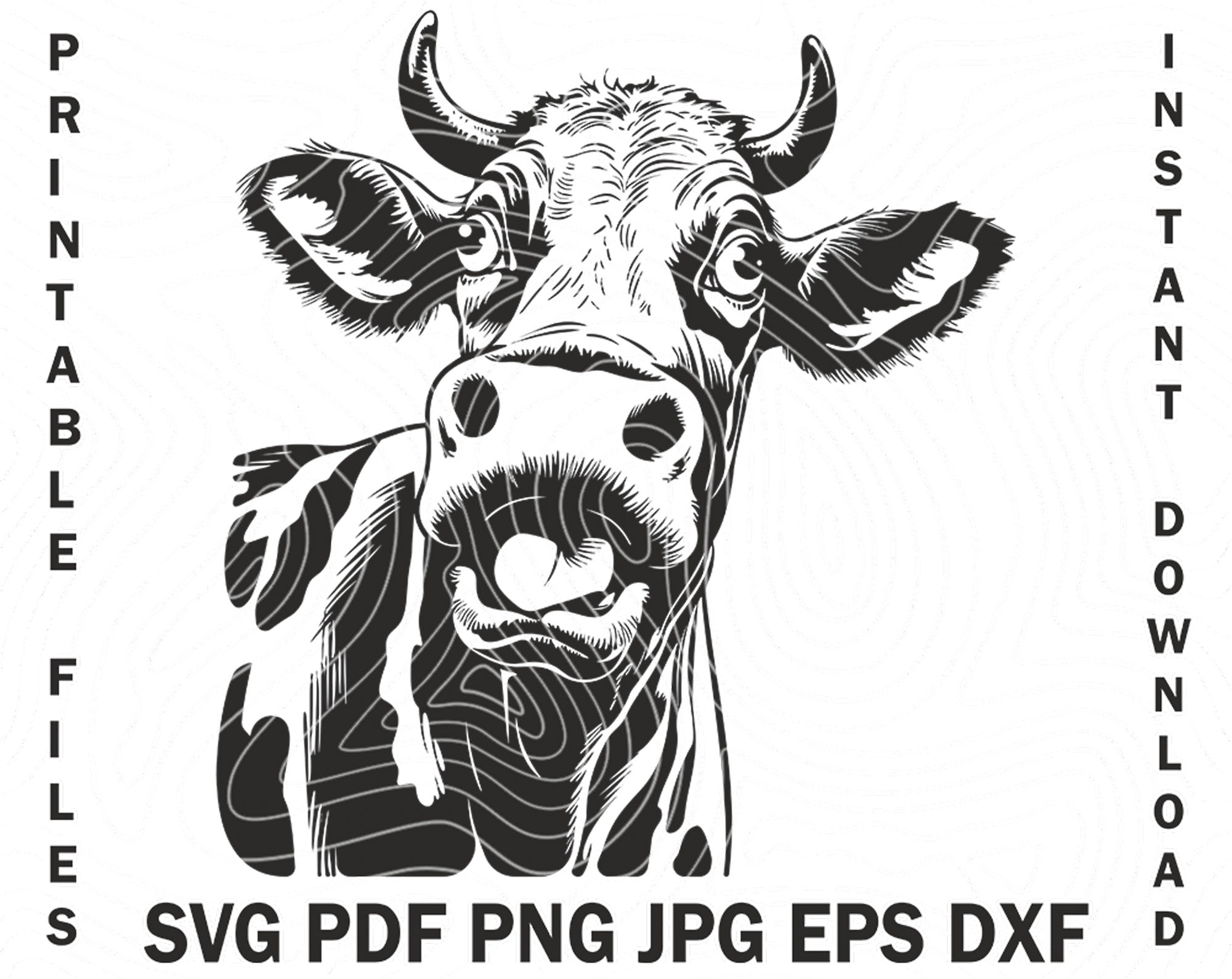 Svg Crazy Scared Cow Black and White Elegance Cow PNG Vector eps, pdf, svg, dxf, jpg, svg cow, graphical image Art Print, heifer, muzzle
