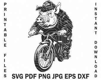 Brutal Pig on Ride Bicycle SVG, Png Pig in sella alla bici, Disegni eleganti per pendolari urbani Ciclo File digitale, Clipart veicolo Png Dxf