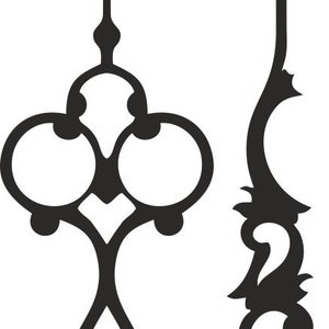 May include: A pair of black clock hands with ornate designs. The hour hand has a three-lobed design at the top and a round weight at the bottom. The minute hand has a pointed tip and a decorative design at the bottom.